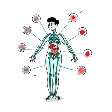 Anti-inflammatory process medical diagram: transparent human body with glowing joints and organs, blue-green healing energy waves neutralizing red inflammation spots, clinical aesthetic with soft lighting and futuristic background sticker