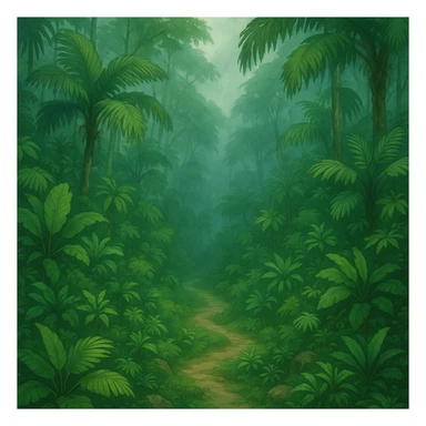 lush El Yunque rain forest with tropical plants and mist in ghibli style sticker