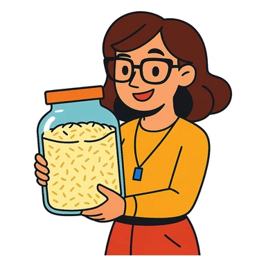 designer woman with brown hair holding a big glass jar of rice in vibrant toon style sticker