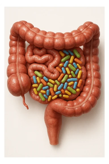 intestino umano anatomico in salute con batteri intestinali, sfondo chiaro neutro, IPERREALISTICA 4K sticker