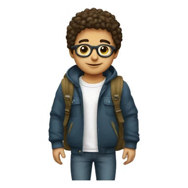 un niño blanco con pelo rulado corto y lentes con mochila sticker
