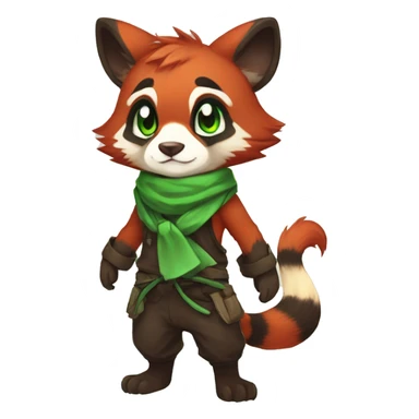 Cute, Chibi, Kemono-style, Anthro, Fur-Sona, Dark-Red, RedPanda-Mouse-hybrid-Transformice-Fakémon, with a green bandana, full body sticker