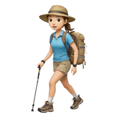 Create an emoji of a woman, hiking in shorts, trekking sneakers with a backpack and a wide broom hat and a brown ponytail sticker