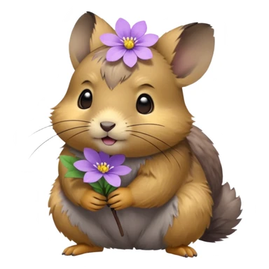 small round pika on all fours, turned at an angle, with a small light purple flower in its mouth sticker