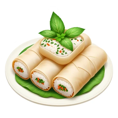 Bánh Cuốn Cinematic Realistic Bánh Cuốn Dish Emoji, depicted as delicate steamed rice rolls garnished with chopped mint on top, rendered with lifelike textures and fresh, vibrant lighting. sticker