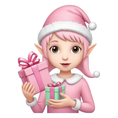 Pastel pink Christmas elf holding pastel pink gift sticker