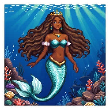 Dark brown skin mermaid princess with long flowing hair and royal accessories in deep blue ocean sticker