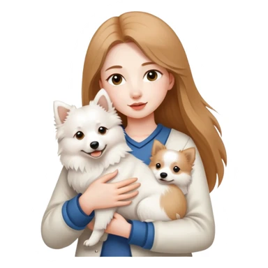 long light brown hair girl with pale skin holding a white Japanese spitz dog in her arms sticker