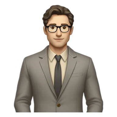 Full height Pale skinned Fit Man With dark brown hair in gray jacket, beige office shirt, tie, Brown pants and vintage glasses. Thrumbs of his palms directed up sticker