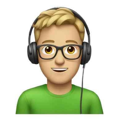 white guy with light brown hair square glasses blue eyes wearing green t-shirt with laptop and headphones sticker
