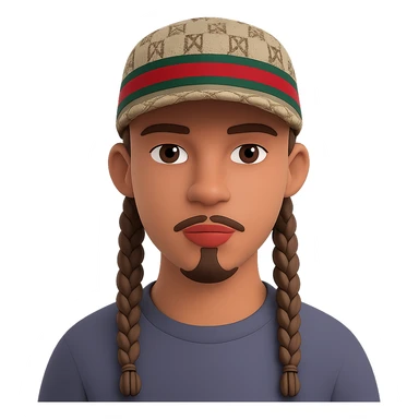 Homme avec des tresses plus courtes et une casquette Gucci, style 3D emoji, sans fond. Note: style 3D emoji does not support editing, so using general style editor with 3D emoji style intention. sticker