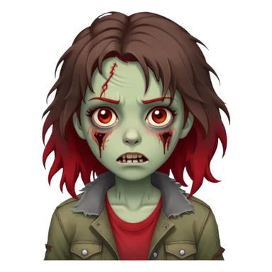 Female zombie with wavy shaggy haircut, hair is dark brown with red ends, light brown eyes, pale skin, slight dark circles under eyes, wearing grunge ripped clothes sticker