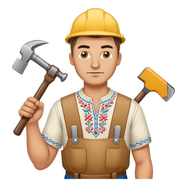 Ukrainian man wearing traditional embroidered vyshyvanka shirt holding construction tools like hammer and wrench sticker