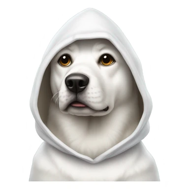 A dog that is all white with a hood sticker