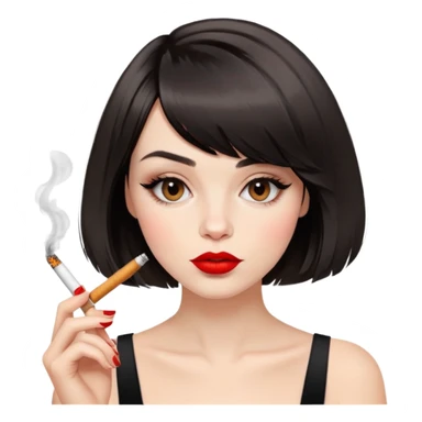 Alluring French girl french bob haircut tousled hair red lips and cigarette sticker