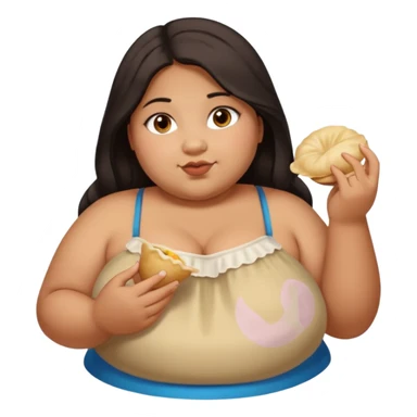 Can you create an emoji of a half Indian - half white 23 year old girl with dark brown mid length hair and brown eyes who is super obese and eating a dumpling. Full body and make her really fat sticker