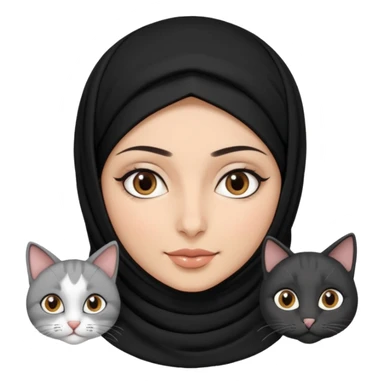A Arabic woman human with brown eyes and black hijab. and three cats, two cats black and white and one grey cat  sticker