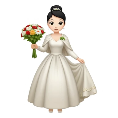 Chica blanca,cuerpo entero, vestido boda ,manga larga ,con estola, pelo negro,    ramo de flores una mano, pelo recogido en moño alto sticker