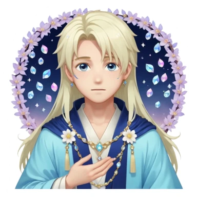 Beautiful gorgeous blushing blue-eyed youthful handsome anime guy with beautiful iridescent-pastel-whitish-special-medium-long-hair, fashion aesthetic, ethereal, fairycore, pastelcore, flower petals, crystals, layered robes, accessories, jewelries, gold, colorful, shiny, trending style, outside sticker