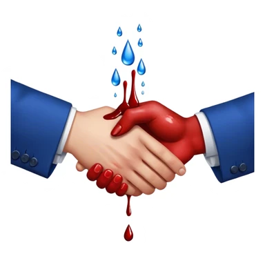 handshake, hands in blue suits, blood on one of the hands, drops sticker