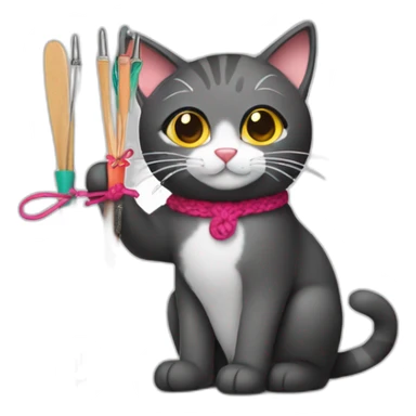 cat holding up crochet hooks and yarn sticker