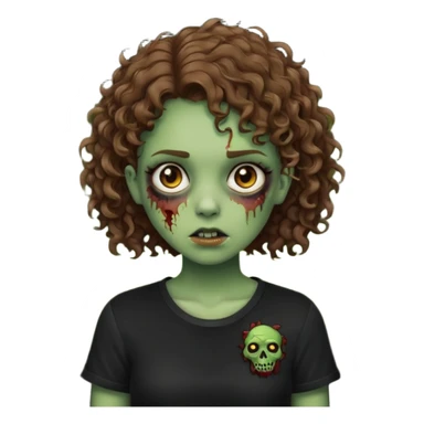 Zombie girl emoji verde com cabelo curto cacheado castanho no ombro com uma blusa preta sticker