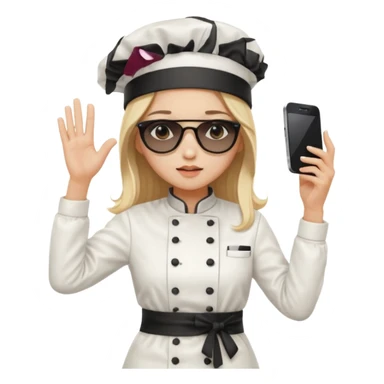 ["A sad woman with light skin, straight hair, wearing a chef hat and sunglasses, dressed in K-pop fashion, is dancing while holding a phone."] sticker