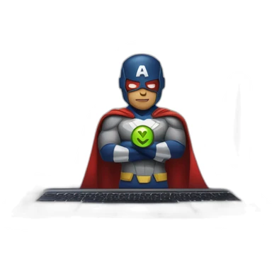 superhero with a rocket emblem sitting in front of his macbook sticker