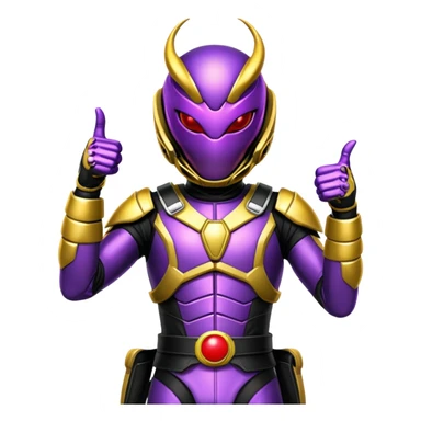 A Kamen rider his suit looks like a scorpion and the colors of the suit are purple and white and black and the belt looks like a dinosaur and the belts colors are silver and gold and red and in the middle of the belt is a shiny red ball and in the ball is a big black scorpion and the Kamen rider is giving you a thumbs up and say hi  sticker