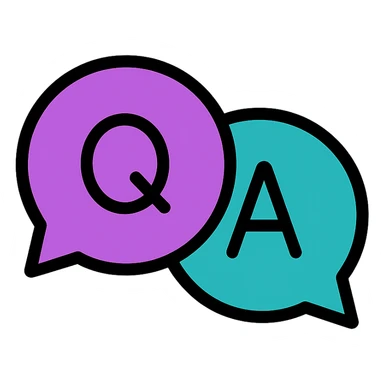 two chat box bubbles, one purple with a Q and one teal with an A, overlapping or side by side, modern icon style, clean and friendly sticker