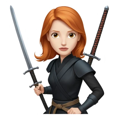 Jessica Chastain, in a ninja position with big swords sticker