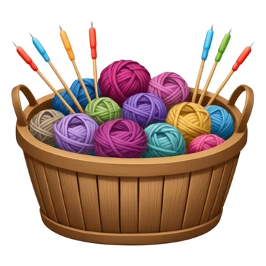 Wooden basket, of different types and colors of wool, with long knitting needles, ultra detailed, realistic, still life.  sticker