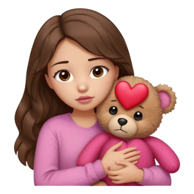 girl with long wavy brown hair, brown eyes, light to medium complexion, in a pink shirt, pink lips, long lashes, sad, hugging squeezing a teddy bear with a broken heart sticker