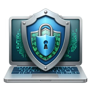 An icon featuring a digital shield with a lock, binary code, symbolizing cybersecurity. The design includes a laptop, warning icons, and secure network nodes, representing protection against cyber threats. Transparent background highlights digital safety and defense. sticker