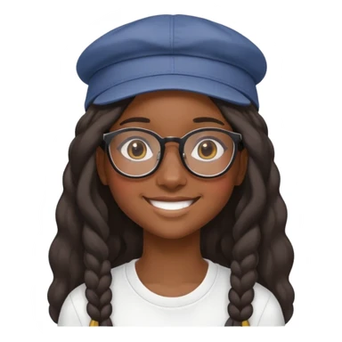 "- Nữ
- 15 tuổi
- Da đen, đeo kính
- Tóc dài
- Đội mũ ngược
- cười tươi nhếch miệng, tóc bồng bềnh sticker