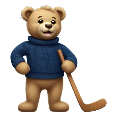 Handsome happy teddy bear wearing a nave blue sweater hockey game sticker