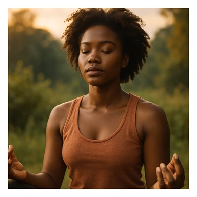 realistic style portrait of a black woman meditating, with a nature background and warm light sticker