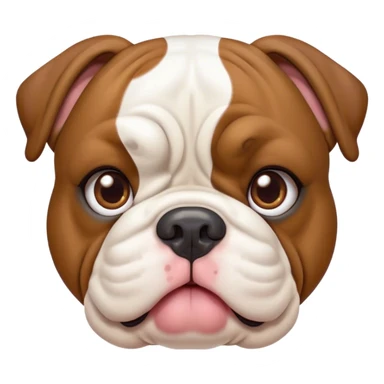Cinematic Cute Brown and White English Bulldog Portrait Emoji, Head tilted playfully and inquisitively, featuring a glossy brown and white coat with distinct patches, round, sparkling brown eyes filled with curiosity, Simplified yet irresistibly adorable features, highly detailed, glowing with a warm, friendly glow, high shine, affectionate and charming, stylized with a touch of whimsy, bright and endearing, soft glowing outline, capturing the essence of a mischievous yet loving companion, so playful it feels like it could bound out of the screen and into your arms! sticker