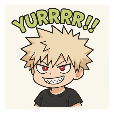 Chibi Bakugou Katsuki with a mischievous, toothy grin inspired by the reference image, with the word 'Yurrrr!!' in bold lime green text above him. sticker