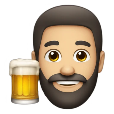 A man with Black beard and blue eyes cheers a beer sticker