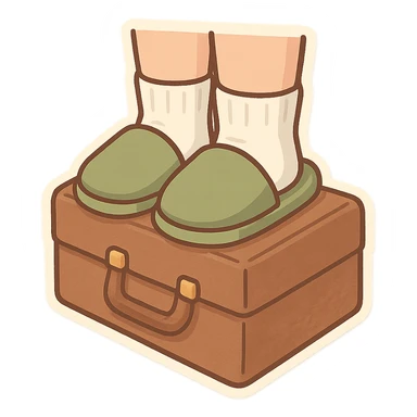 Feet with white socks wearing green house slippers standing on a briefcase sticker