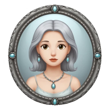 Woman facing ancient mirror, reflection slightly delayed and darker sticker