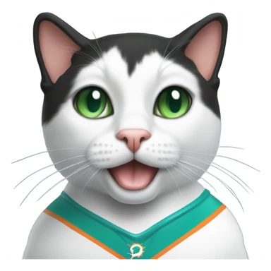Tuxedo cat - green eyes wearing miami dolphins jersey sticker