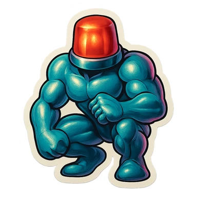shiny muscular robot with a red police light head, crouching sticker