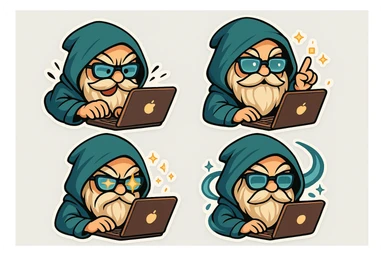 Create four animated emoji variations inspired by the wizard in the reference image: 1) wizard typing rapidly on a laptop with bold and expressive style, 2) wizard casting a digital spell from the laptop with magical effects, 3) wizard's sunglasses flashing with dynamic light, 4) wizard surrounded by swirling magical energy. The style should be bold, expressive, and suitable for animated emoji in chibi stickers style. sticker