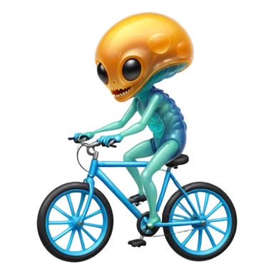 jelly alien riding a bicycle, translucent gelatin body, glowing core inside, wobbly fun movement, cute sci-fi creature, 3D cartoon, mobile game icon style, clean background, no text, no watermark
 sticker