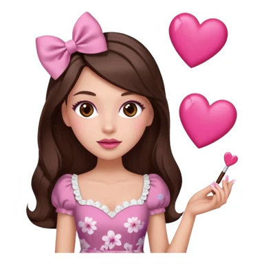 Chocolate brown clothes emoji, inspired with brunette hair, brown eyes, long hair, heart shape lips and pink make up  and pink nails, mauve pink blush and floral pink dress, half up hair with white bow peaking on the sides, white heels  sticker