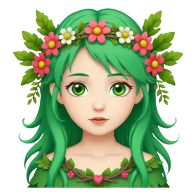 A forest princess with green hair, green eyes, wearing a wreath of flowers and branches sticker