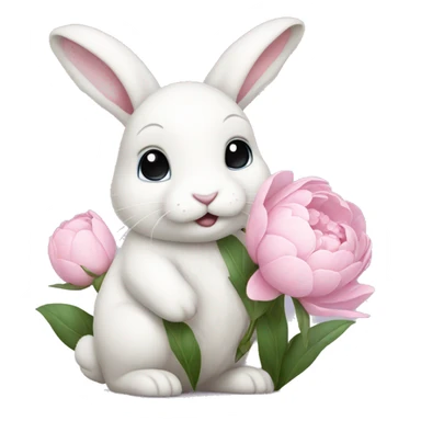 cute white bunny holding light pink peonies sticker