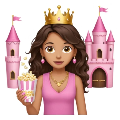 a woman with long dark brown  beachy wavy hair with light brown big eyes wearing pink vest top gold necklace baby pink nails and gold stud earrings with a pink castle fantasy in the background while eating popcorn  sticker